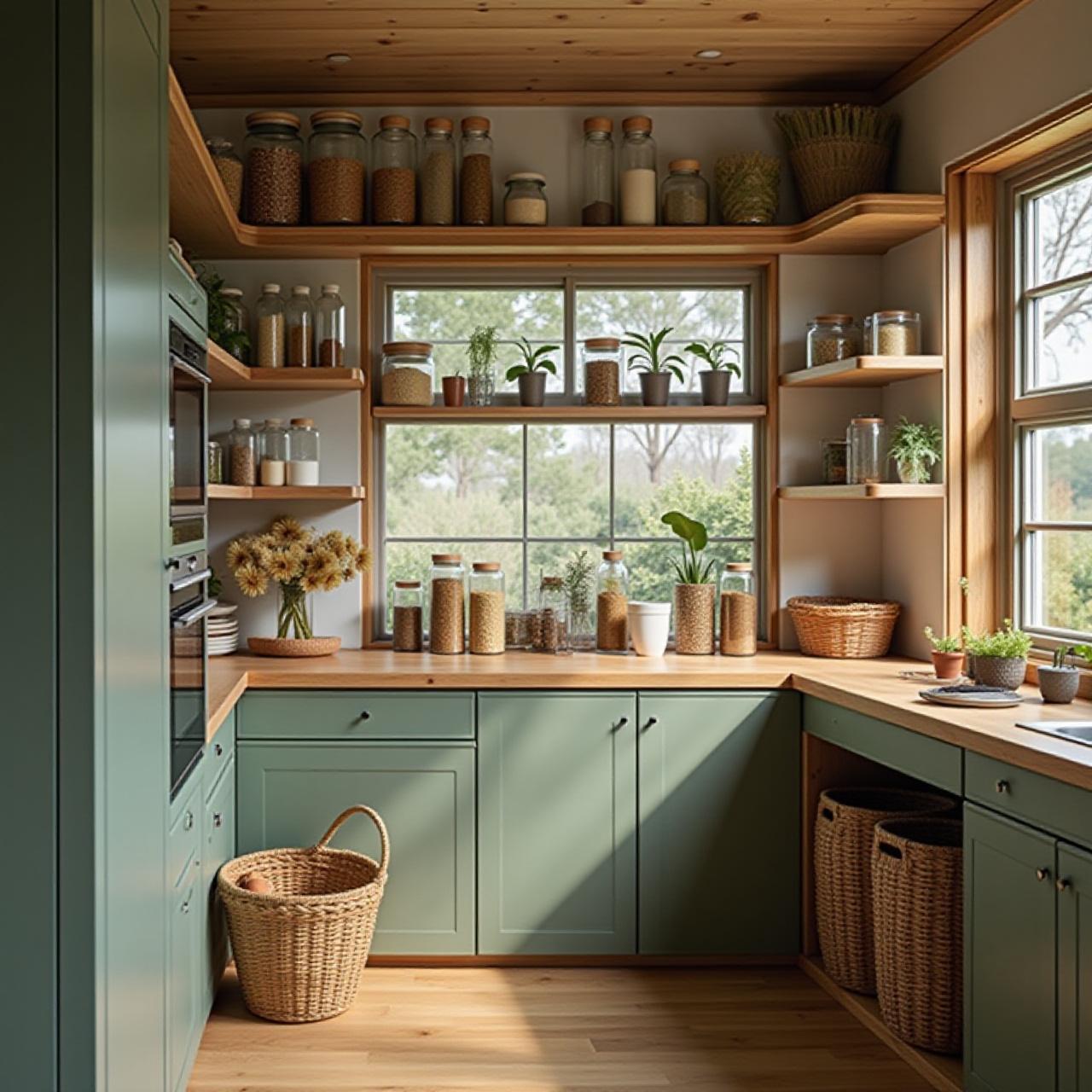 Eco-friendly organized pantry with glass jars and bamboo lids